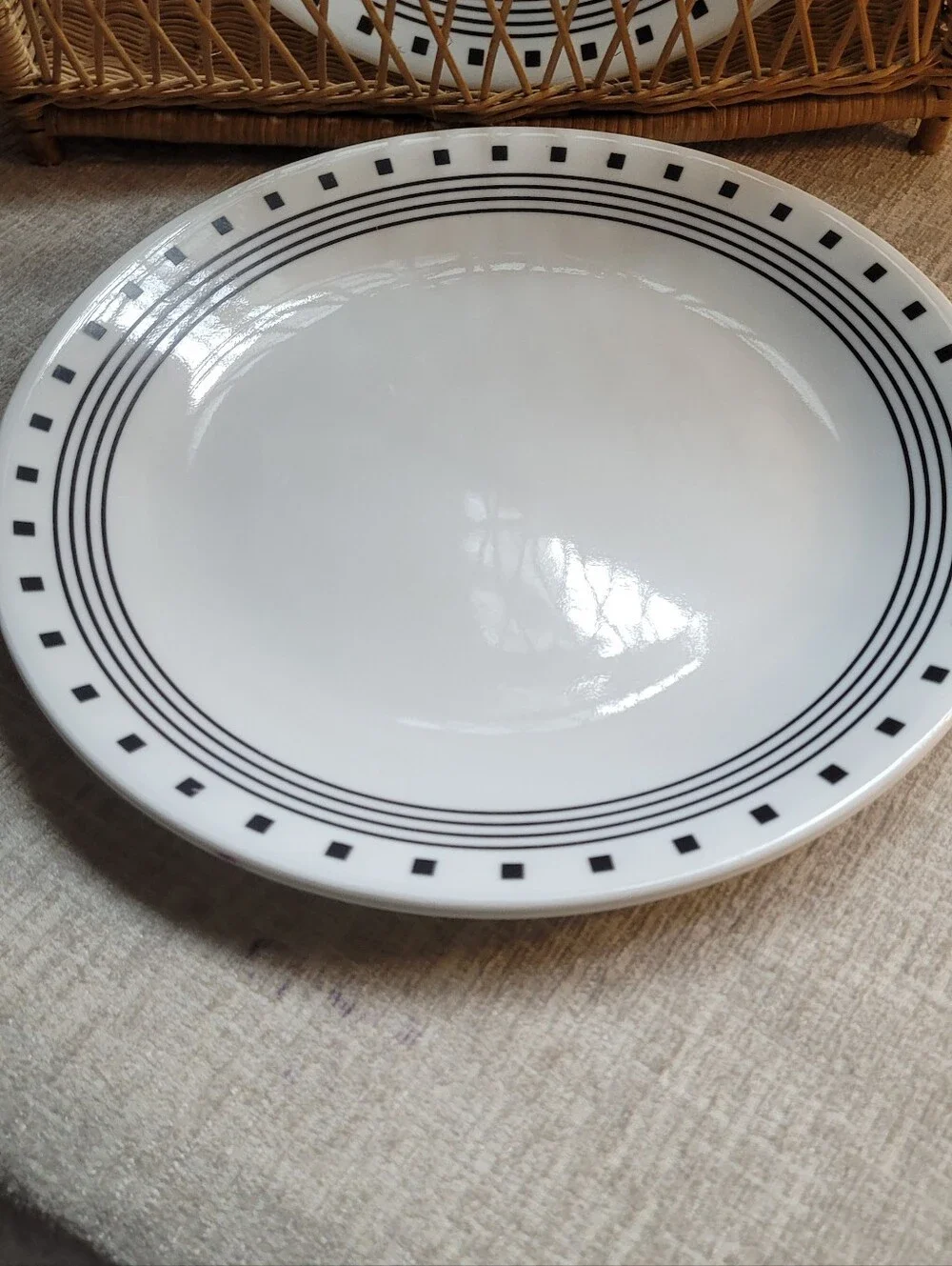 Corelle City Block White Ceramic Dinner Plate with Black Geometric Rim